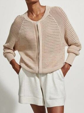 Varley Cameron Open Knit Zip-Up Crochet Cardigan In Moonlit Taupe Color Small